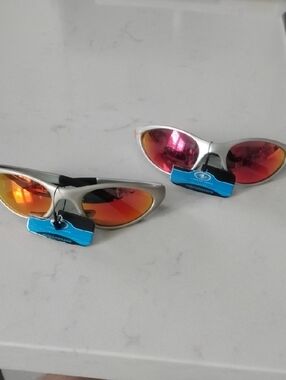 2 Pair Silver Frame Sunglasses with Orange-Red Mirror Lenses